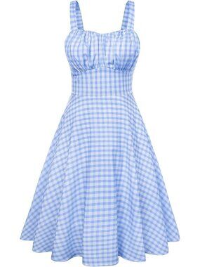 Women's Blue and White Gingham Vintage A-Line Midi Cocktail Tea Party Dress